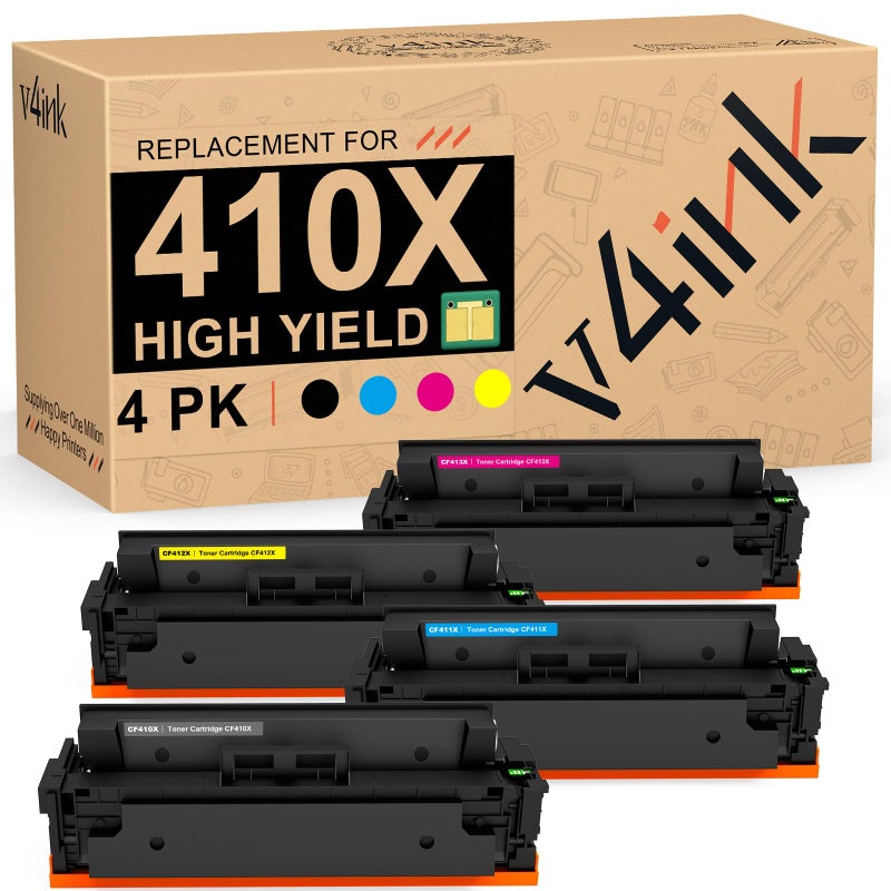 v4ink 410X Toner Cartridge Remanufactured Replacement for HP 410A 410X CF410A CF410X CF411X CF412X CF413X 4-Pack Toner Set for Color Pro MFP M477fnw M477fdw M477fdn M452dn M452dw M452nw M377dw Printer - Image 1